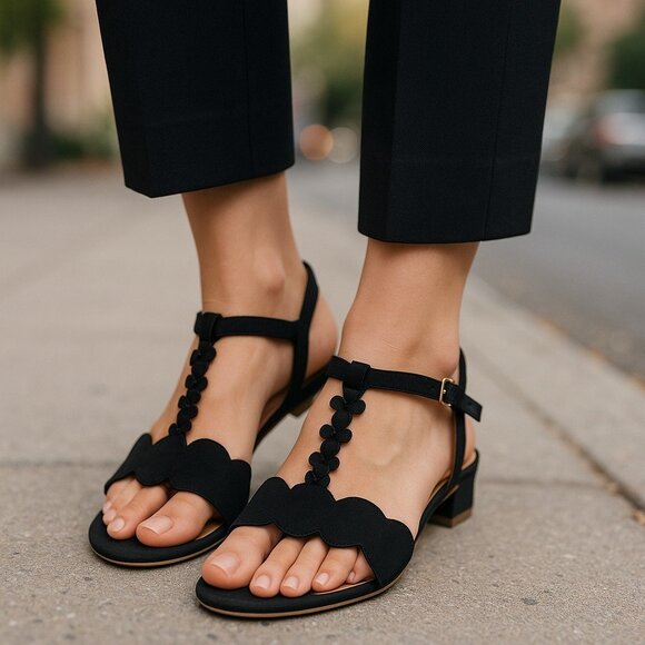 Chie Mihara Shoes - CHIE MIHARA Scalloped Leather T-strap Sandals 38 8 Beaded Floral Spain LUXURY